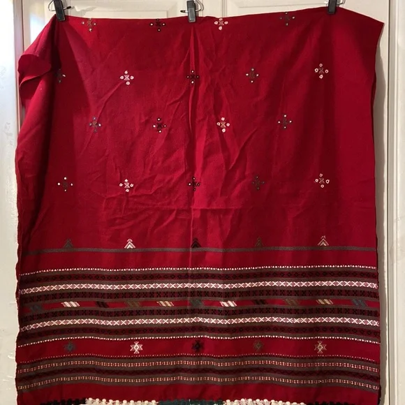 KUTCHI Hand Embroidery Striped Tasseled Mirror Work Red Woollen Shawl